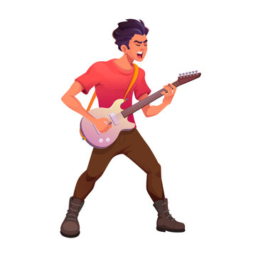 Electric guitarist character in modern vector style. Young male musician performing at concert.