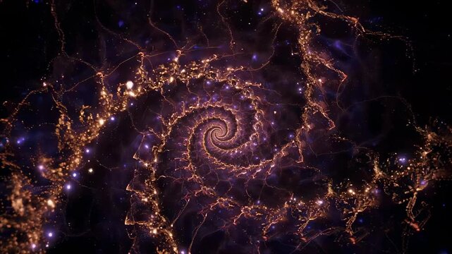 A spiraling cosmic vortex with golden tendrils and glowing particles in a deep space
