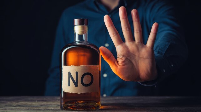 Man showing stop gesture to avoid drinking alcohol with a bottle labeled no on a dark background
