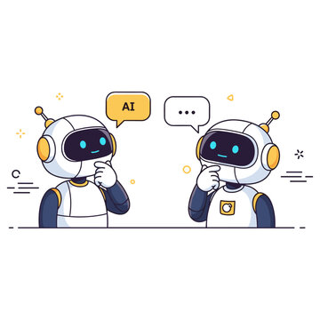 Two cartoon robots expressing thoughtfulness with speech bubbles