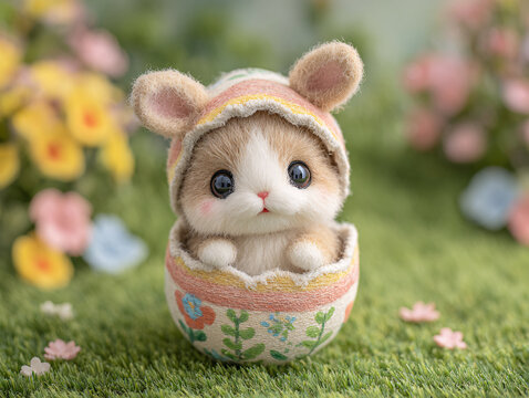A tiny fuzzy bunny peeks out from a handmade floral-patterned eggshell hood, featuring soft pink cheeks and large glossy eyes, nestled in lush green grass dotted with pink and yellow wildflowers