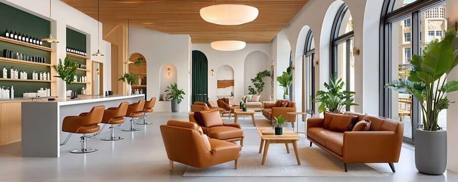 Minimalist high-end hair salon with leather chairs, open lounge and modern reception area