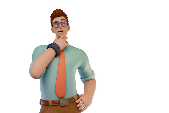 Businessman Thinking Pose 3D Avatar With Glasses, Tie and Confident Professional Expression