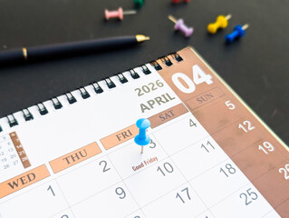 Blue push pin marked on 3rd april Good friday on calendar 2026 festival holiday and offer concept