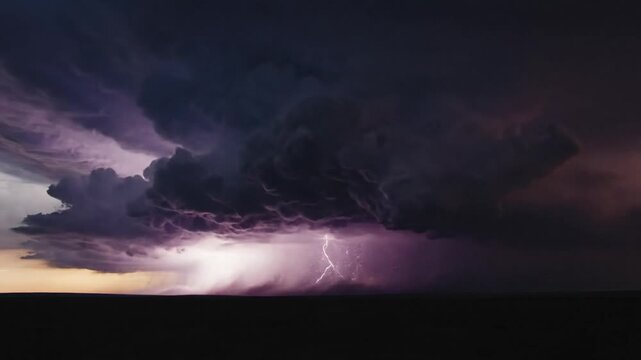 Dramatic supercell thunderstorm over flat dark horizon at sunset