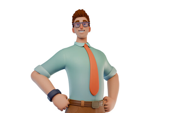 Confident 3D happy businessman stands with hands on hips, smiling