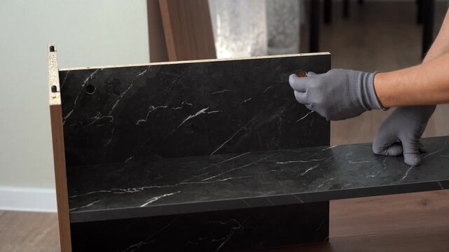 Hands assemble wooden nightstand. Process of assembling furniture. Furniture assembler installs fasteners