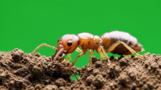 Macro shot of a tan termite soldier insect pacing carefully along a cracked soil surface with a vibrant green screen background in bright daylight lighting