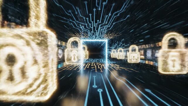 Digital security concept virtual padlocks moving through networked data cyber security and information protection