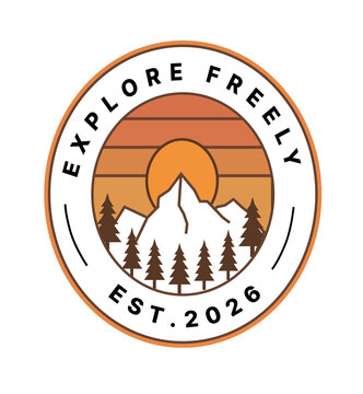 Retro Mountain Badge Design &mdash; "Explore Freely" | Vintage Outdoor Adventure Logo