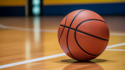 Naklejka premium Close up of a brown basketball on a wooden floor indoors sports equipment brown ball
