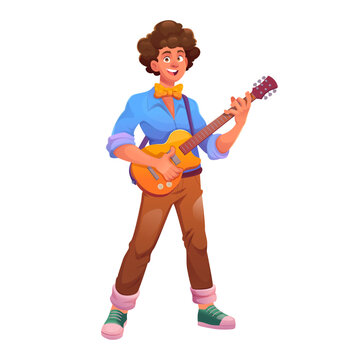 Young guitar player character in modern vector style. Young male musician performing at concert
