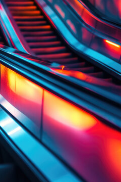 An escalator illuminated with bright red lights, perfect for modern and futuristic scenes