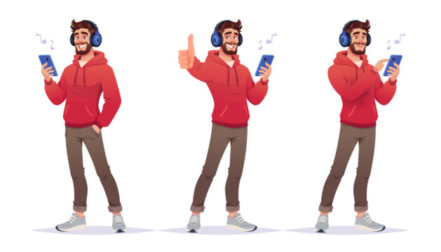 Young Man in Red Hoodie standing Listening to Music on Headphones While Using Smartphone