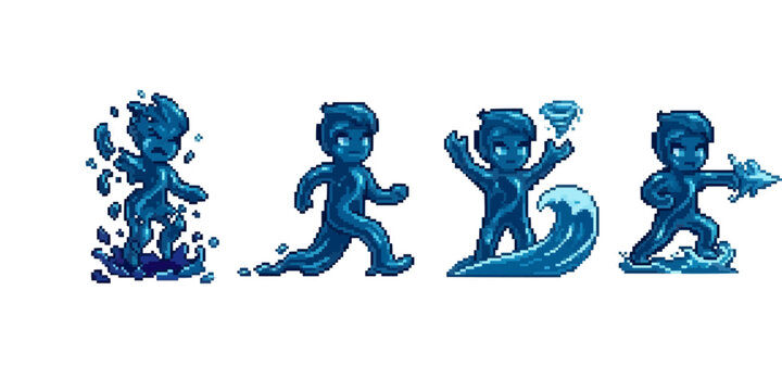 pixel art asset of a water elemental slime creature sprite sheet including puddle transformation, walking, and wave attack actions.