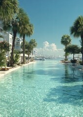 Fototapeta premium Turquoise pool leads to ocean harbor, framed by palm trees and white buildings against a clear blue sky