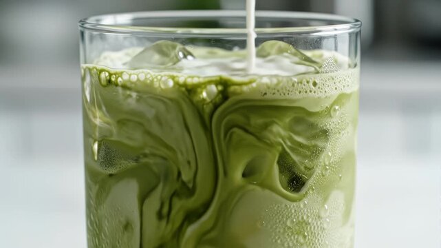 Pouring Oat Milk into Iced Matcha Green Tea Close Up