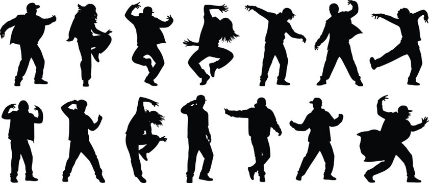 Collection of dancing people silhouettes in dynamic poses, men and women performing energetic moves, hip hop and freestyle dance, urban lifestyle isolated on white background