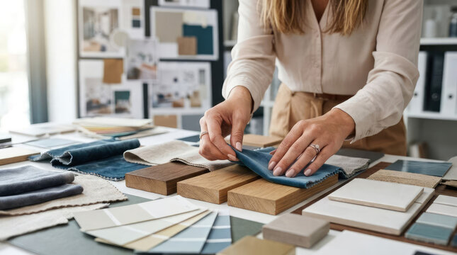 Interior designer selecting fabric swatches and wood samples for a project.