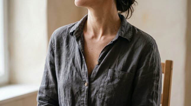 Woman sitting on chair wearing dark gray shirt indoors near window