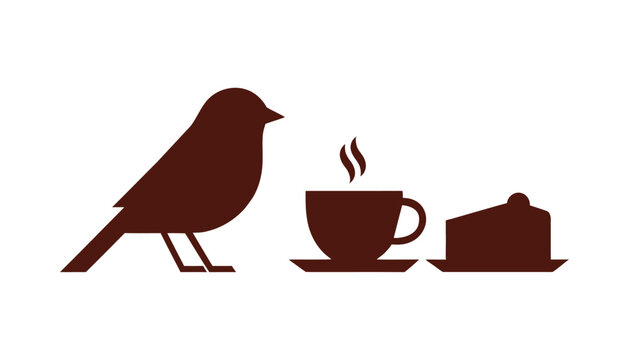 A minimalist brown silhouette illustration of a songbird beside a hot cup of tea and a dessert Vector