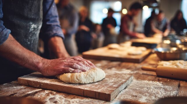 Closeup of hands shaping dough on a wooden board during a weekend artisanal bread baking class with blurred background of students learning techniques.