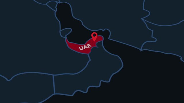 4K animation of animated world map highlighting UAE location with red marker on dark background in Middle East region