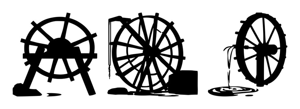 Water wheel set with black silhouette on white background featuring water wheel, hydropower, mechanical device with industrial and decorative