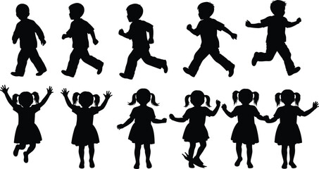 Fototapeta premium Set of children silhouettes running jumping and playing, boys and girls in motion, playful activity collection, childhood energy, isolated vector style on white background