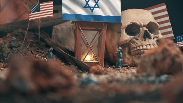 Miniature soldiers fighting on a battlefield diorama with israeli and american flags. Human skull and fire symbolizing death and destruction