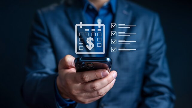 A business professional holding a digital interface showing financial planning and task list icons
