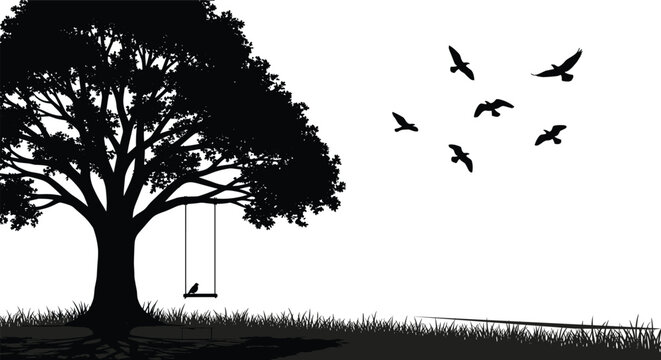 Silhouette of a Large Oak Tree with an Empty Swing at Sunset, Flock of Birds Flying in White Sky over Grass Field Illustration.