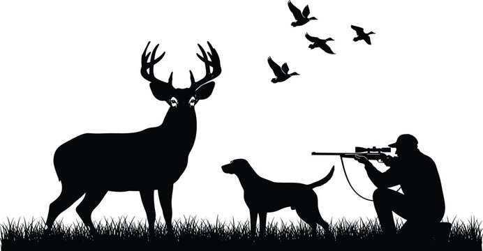 Silhouette of a hunter with rifle and dog in tall grass aiming at a trophy buck deer with flying ducks in the background