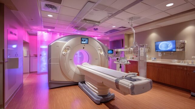 Medium shot of combined PETCT scanner in oncology setting emphasizing radiotracer safety signage under soft clinical lighting.