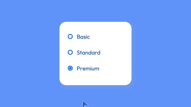 Blue and white graphic showcasing basic standard and premium subscription options for digital services in 4k animation