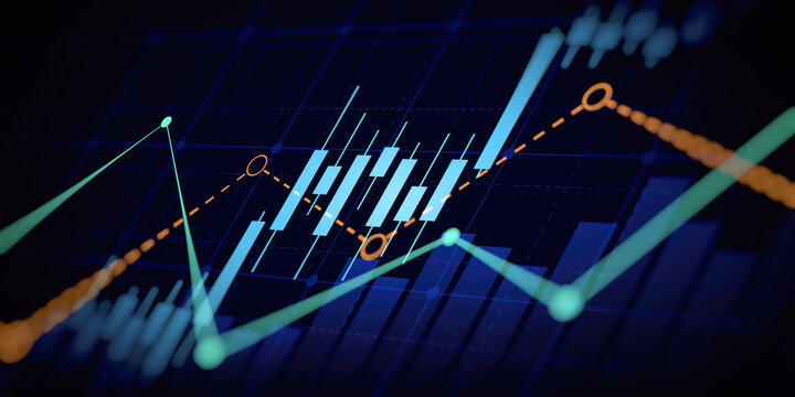 Technology financial graph with uptrend technology bar chart of stock market on blue color background
