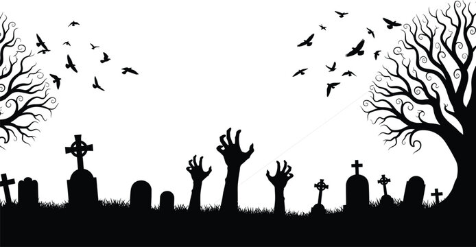 Spooky Halloween graveyard silhouette with zombie hands rising from the ground, eerie dead trees, flying crows, and tombstones under a misty white sky background.
