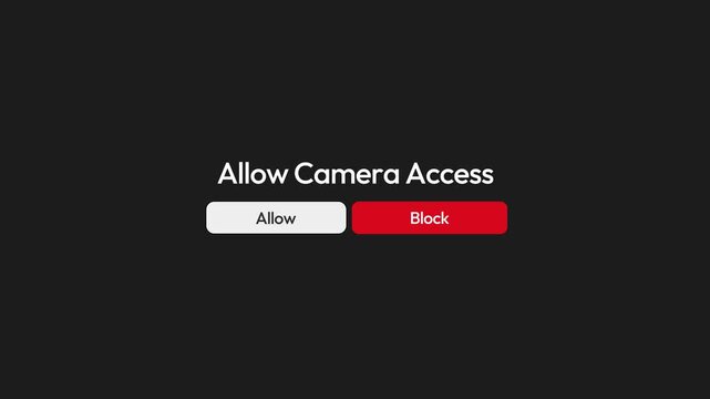 Camera access permission popup message with allow and block options on digital device interface design, 4k animation