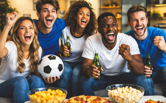 Diverse young sports fans watching a soccer game on TV at home.