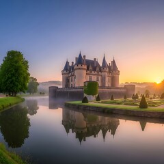 Obraz premium Majestic Castle Reflection on Serene Waters at Sunrise.