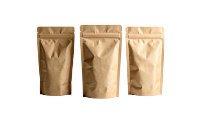 Fototapeta premium Three kraft paper pouches with a zipper closure stand on a black background, perfect for product mockups