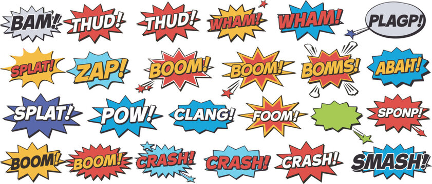Comic book sound effect words and shapes onomatopoeia