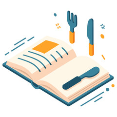 Plakat Open cookbook with utensils: knife, fork, food preparation, recipe guide, culinary illustration
