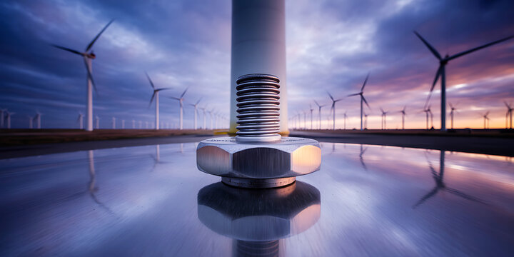 Large metal bolt and nut on reflective surface with wind turbines in the background at sunset