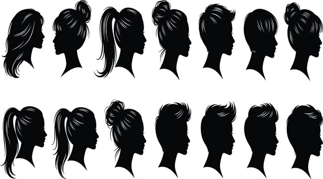 Silhouettes of human head profiles with diverse hairstyles including long hair, buns, ponytails, pixie cuts, and cropped styles