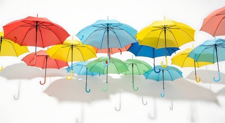 Obraz premium A collection of colorful open umbrellas in various sizes and shades of red yellow blue and green are suspended against a white background with their shadows creating a playful and vibrant display