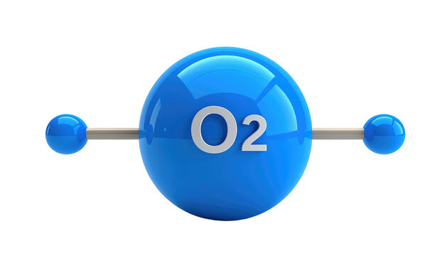 A vibrant, molecular depiction of an oxygen molecule (O2), rendered in a sleek, glossy style against a pure black background