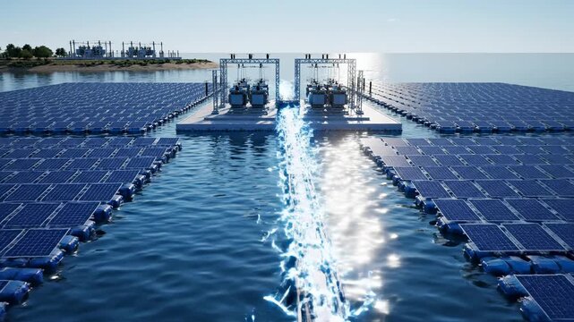 Floating solar panel farm generating clean energy on water with sustainable power transmission technology near coastline