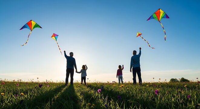 Silhouettes of two families flying colorful kites in a vast green meadow under a bright blue sky with a warm sunset casting long shadows keywords: family, kites, flying kites, meadow, green field
