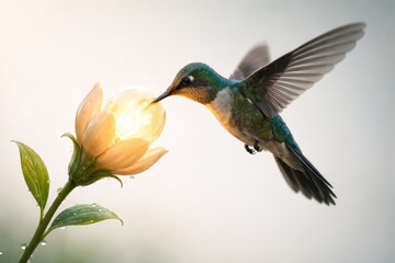 Naklejka premium Hummingbird in flight feeding on a yellow flower with dewy leaves in the morning light